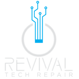 revival tech repair logo has power button like symbol with circuitry for the vertical line, with text below symbol saying 'revival tech repair'